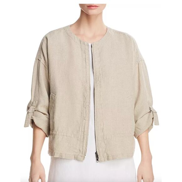 Eileen Fisher Organic Linen Zip Front‎ Jacket Drawstring Natural Tan Size XL - Picture 1 of 10